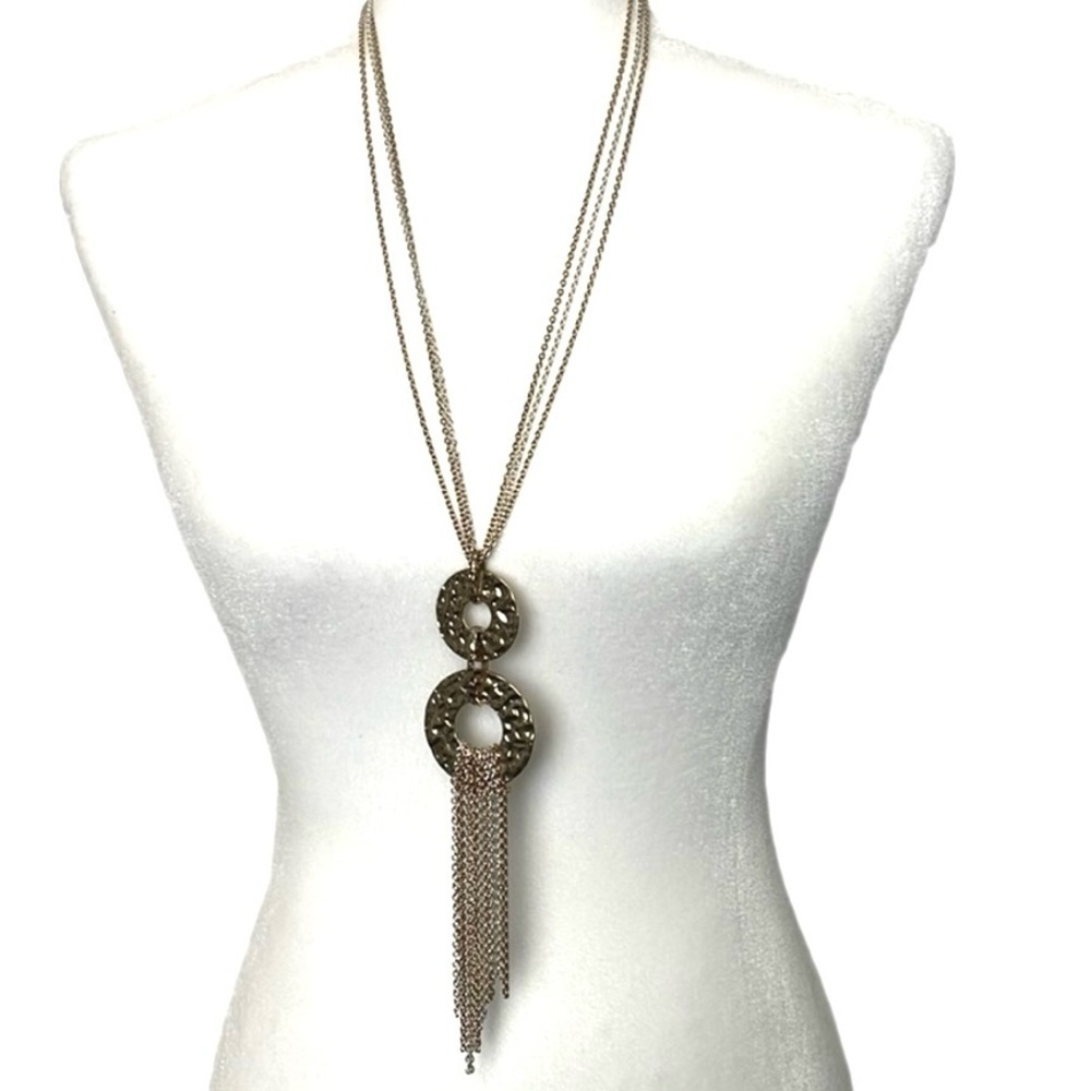 Gold Silver Tone 3 Stand Long Chain & Double Circle Pendant with Tassels